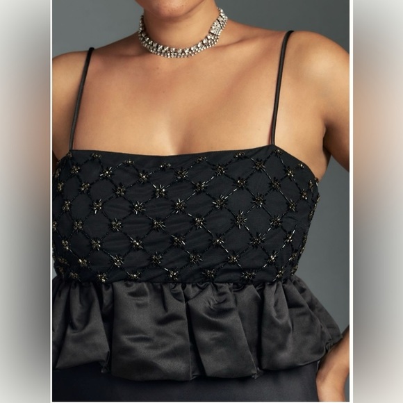 NWT By Anthropologie Beaded Satin Crop Tank  in Black Size Large - Picture 2 of 10